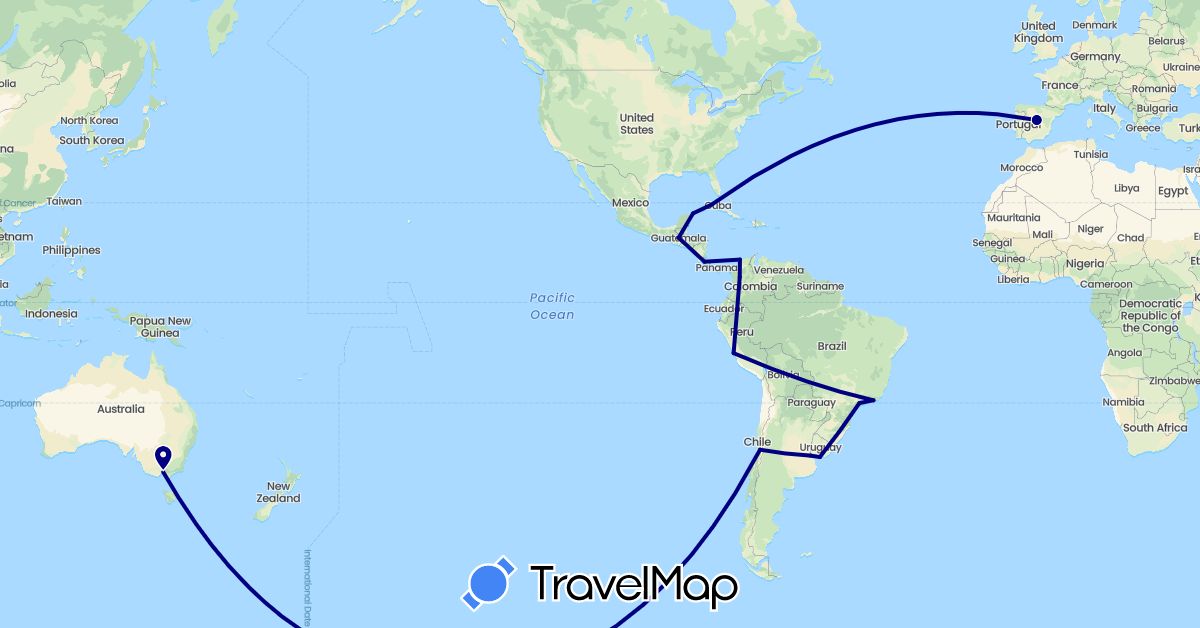 TravelMap itinerary: driving in Argentina, Australia, Brazil, Chile, Colombia, Costa Rica, Cuba, Spain, Guatemala, Mexico, Peru, Uruguay (Europe, North America, Oceania, South America)